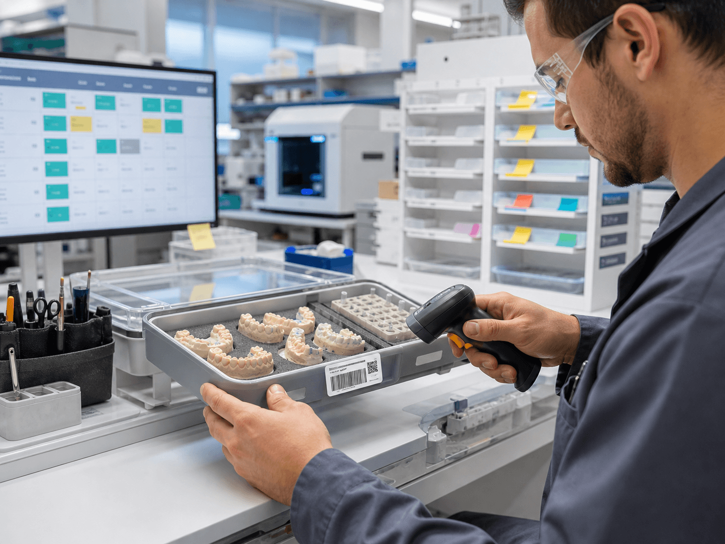 Dental laboratory technician scanning a barcode on an organized case tray