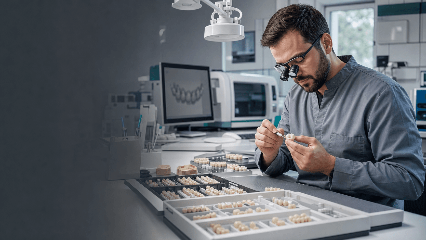 Dental lab technician inspecting a ceramic restoration in a modern production laboratory